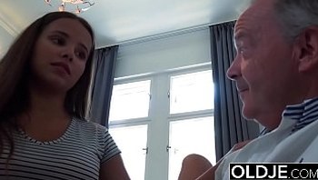 Old Young Big Tits Teen Gives Titjob and gets facial from Grandpa in bed