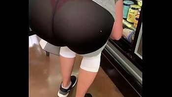 Big booty slut in see through leggings at store showing thong