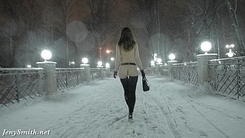 Jeny Smith naked in snow fall walking through the city