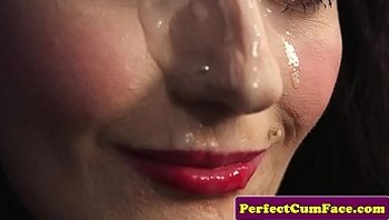 Lingeried beauty facialized with huge load