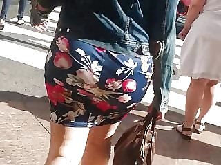 Tight Blue Flower Design Dress Big Booty Latina